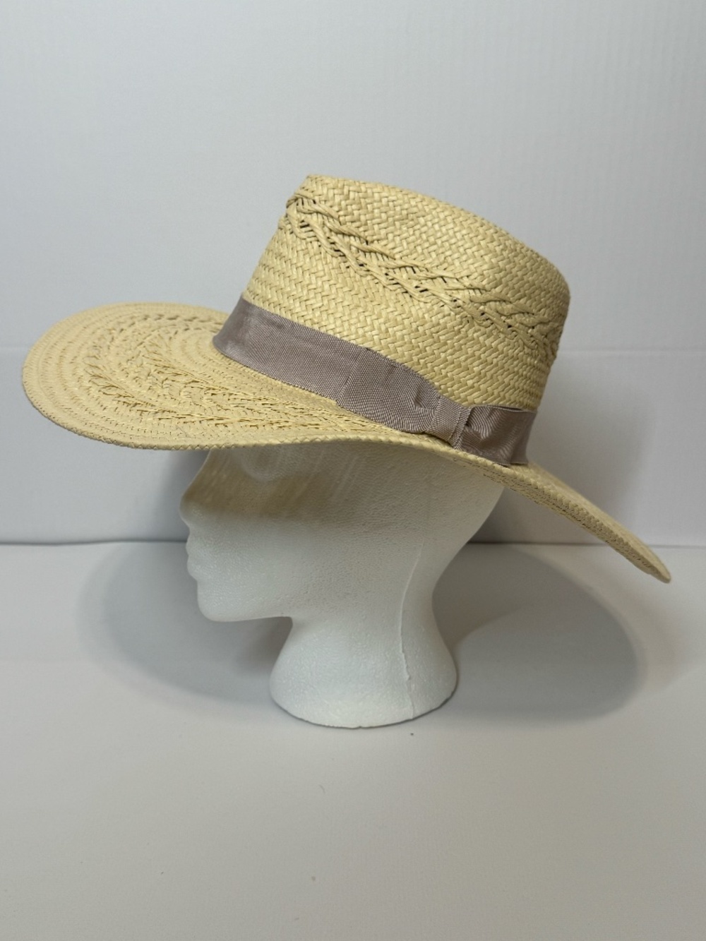 BTB Los Angeles Carrie Wide Brim Woven Straw Sun Hat Taupe Ribbon Size S
